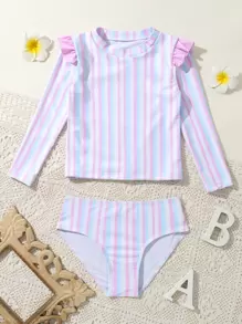 Niña joven Camisa protectora de rayas con volantes para playa de verano - Multicolor - Ver 1