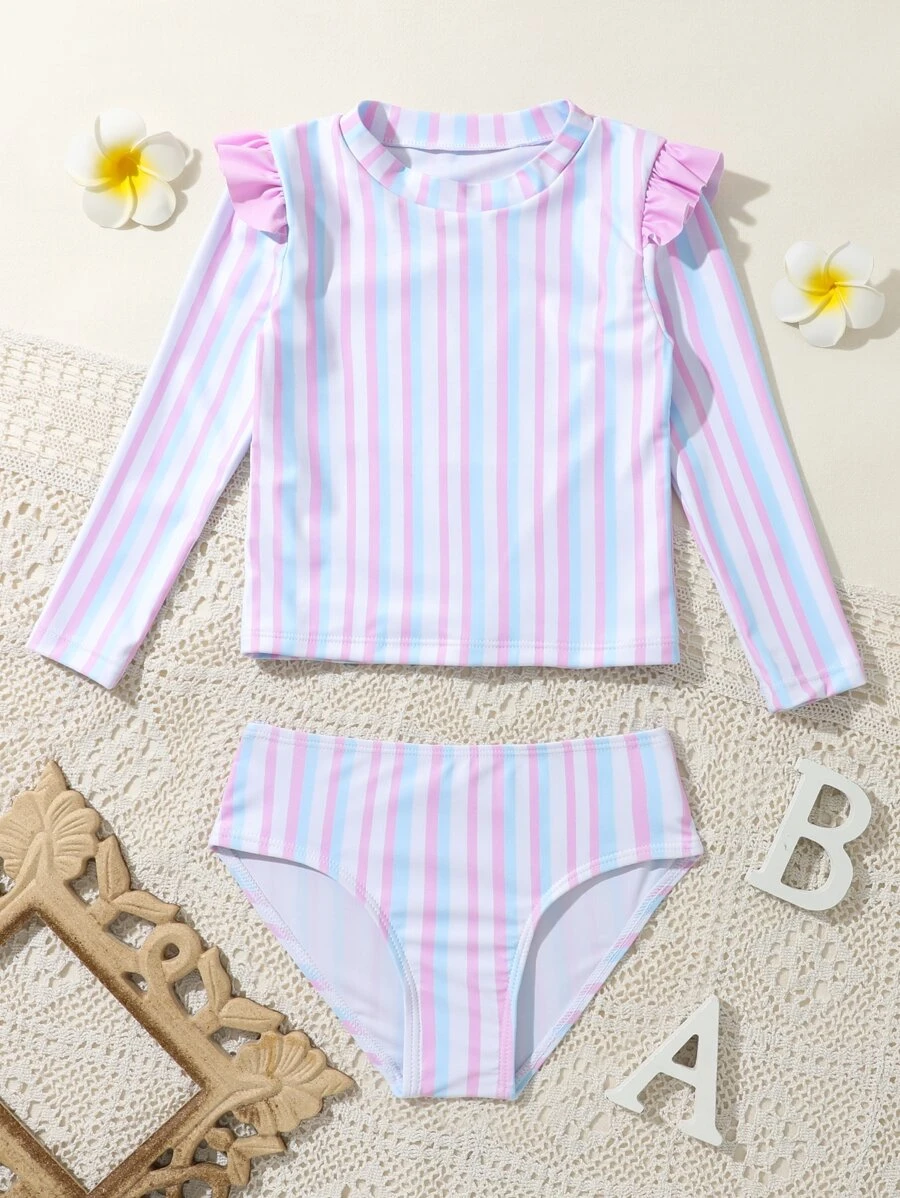 Niña joven Camisa protectora de rayas con volantes para playa de verano - Multicolor - Ver 1