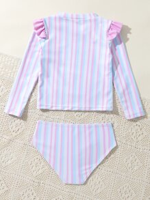 Niña joven Camisa protectora de rayas con volantes para playa de verano - Multicolor - Ver 2