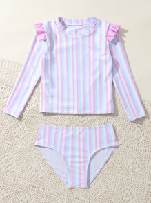 Niña joven Camisa protectora de rayas con volantes para playa de verano - Multicolor - Ver 4