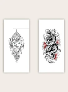 2 hojas Pegatina tatuaje león & con patrón de dragón chino - Multicolor - Ver 1
