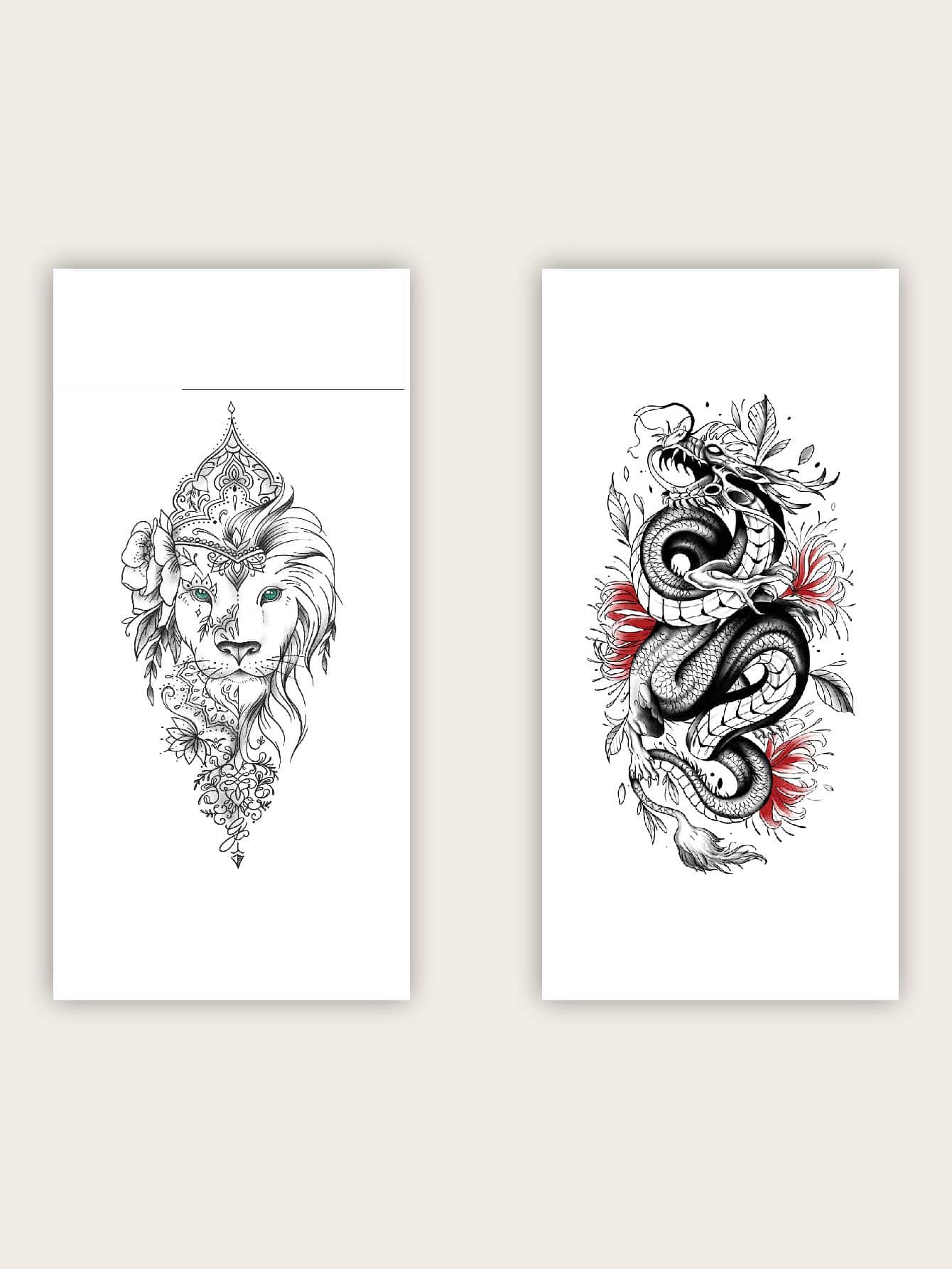 2 hojas Pegatina tatuaje león & con patrón de dragón chino - Multicolor - Ver 1