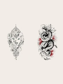 2 hojas Pegatina tatuaje león & con patrón de dragón chino - Multicolor - Ver 2
