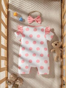 Baby Polka Dot & Cartoon Graphic Ruffle Trim Romper With Headband - White - View 2