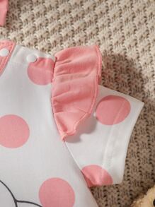 Baby Polka Dot & Cartoon Graphic Ruffle Trim Romper With Headband - White - View 4