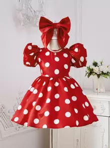 Vestido De Mangas Bufantes Com Estampa De Bolinhas E Laço Para Menina Jovem