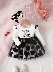 嬰兒卡通和標語圖案網紗拼接連衣裙 - 黑與白 - 查看 1