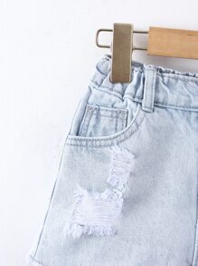 Toddler Girls Quần Shorts Denim Túi Hem thô Bị tách màu trơn - Rửa nhẹ - Xem 3