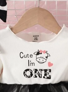 嬰兒卡通和標語圖案網紗拼接連衣裙 - 黑與白 - 查看 6