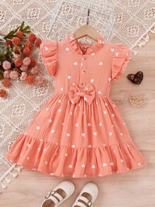 Toddler Girls Heart Print Butterfly Sleeve Ruffle Hem Bow Front Dress - Coral Pink - View 1