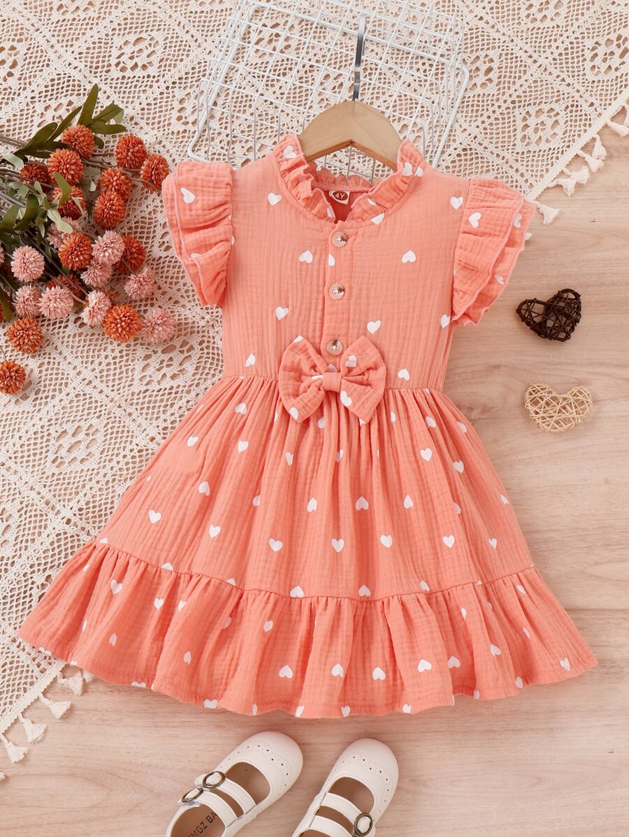 Toddler Girls Heart Print Butterfly Sleeve Ruffle Hem Bow Front Dress - Coral Pink - View 1
