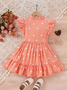 Toddler Girls Heart Print Butterfly Sleeve Ruffle Hem Bow Front Dress - Coral Pink - View 2