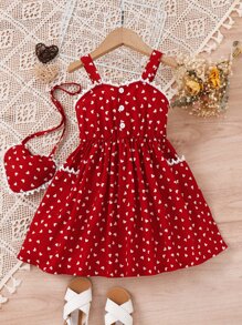 SHEIN Elladie kids Young Girl Allover Heart Print Guipure Lace Trim Cami Dress With Bag Summer Holiday - Red - View 3