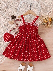 SHEIN Elladie kids Young Girl Allover Heart Print Guipure Lace Trim Cami Dress With Bag Summer Holiday - Red - View 2
