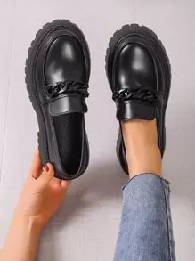 Women's Black Classic Loafers With Wedge Heels And Thick Soles