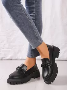 Women's Black Classic Loafers With Wedge Heels And Thick Soles