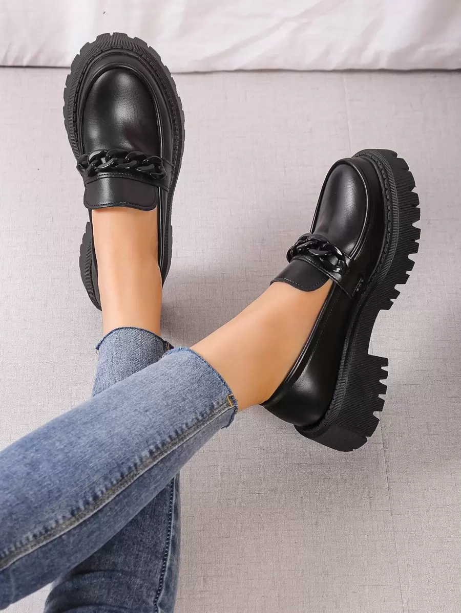 Women's Black Classic Loafers With Wedge Heels And Thick Soles