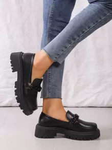 Women's Black Classic Loafers With Wedge Heels And Thick Soles