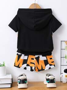 SHEIN 男小童黑色字母圖案休閒連帽衫和常規袖短褲2入組/套適合夏天 - 黑色 - 查看 2