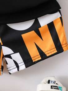 SHEIN 男小童黑色字母圖案休閒連帽衫和常規袖短褲2入組/套適合夏天 - 黑色 - 查看 4