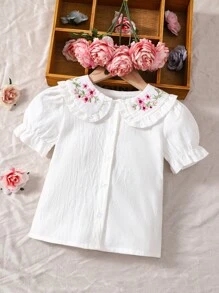 SHEIN 女小童白色彼得潘領襯衫帶印花,荷葉邊和泡泡袖適合夏天 - 白色 - 查看 1