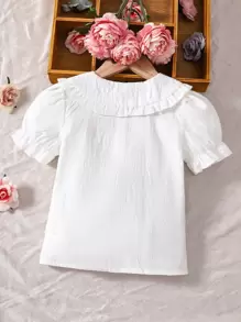 SHEIN 女小童白色彼得潘領襯衫帶印花,荷葉邊和泡泡袖適合夏天 - 白色 - 查看 2