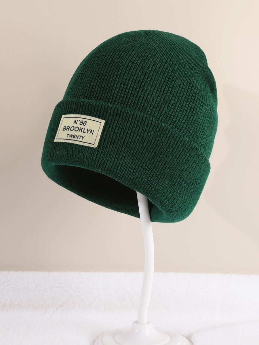 1pc Kids Solid Color Multi-Color Outdoor Casual Fashion Popular Fabric Label Brooklyn Lettering Personalized Comfortable Knitted Cap, All Seasons - Dark Green - View 1