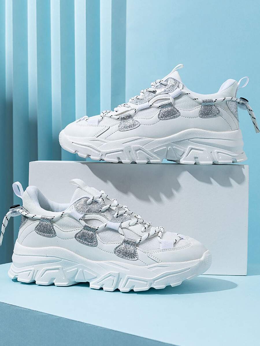 Men Glitter Detail Drawstring Design Chunky Sneakers - White - View 1