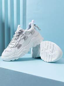 Men Glitter Detail Drawstring Design Chunky Sneakers - White - View 3