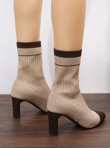 雙色粗跟一腳蹬彈力靴