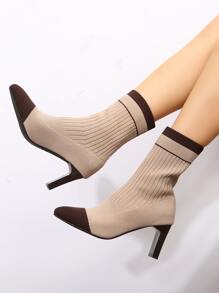 雙色粗跟一腳蹬彈力靴