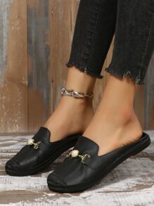 Faux Pearl & Metal Decor Flat Mules - Black - View 1
