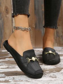 Faux Pearl & Metal Decor Flat Mules - Black - View 3