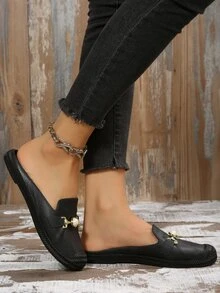 Faux Pearl & Metal Decor Flat Mules - Black - View 5