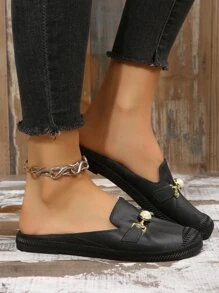 Faux Pearl & Metal Decor Flat Mules - Black - View 6