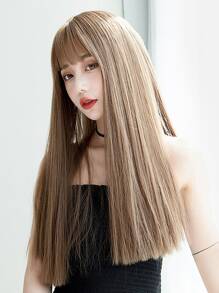 合成耐热假发 棕色直发假发 带刘海的假发 24 英寸时尚假发 价格实惠的日常女士假发 - 棕色 - 查看 1