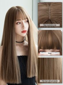 合成耐热假发 棕色直发假发 带刘海的假发 24 英寸时尚假发 价格实惠的日常女士假发 - 棕色 - 查看 8