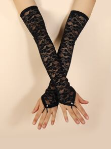 Guantes sin dedo con encaje floral con diseño de diamante de imitación largo - Negro - Ver 2