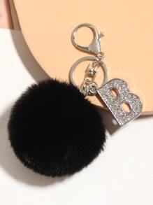 Rhinestone Letter & Pom Pom Charm Keychain - Black - View 2