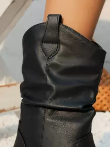 秋冬简约高跟套脚宽松靴，黑色优雅纯色翻边靴，牛仔靴