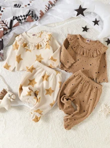Bebé niño 2 piezas Camiseta de dormir con estampado de estrella ribete con fruncido & 2 piezas de pie Pantalones de dormir - Multicolor - Ver 1
