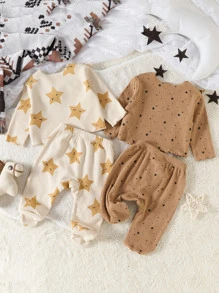 Bebé niño 2 piezas Camiseta de dormir con estampado de estrella ribete con fruncido & 2 piezas de pie Pantalones de dormir - Multicolor - Ver 2