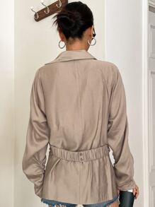 DAZY Áo kiểu tay cánh dơi xếp ly, vạt chéo, tay dài - Màu Khaki - Xem 2