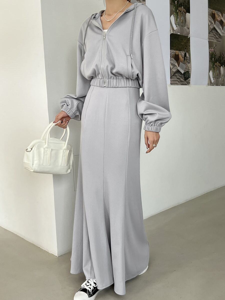 DAZY Drop Shoulder Drawstring Hoodie & Mermaid Hem Skirt,Women Two Pieces Sets,Fall Clothes - Grey - View 1