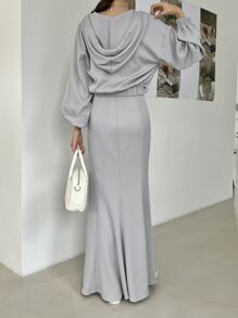 DAZY Drop Shoulder Drawstring Hoodie & Mermaid Hem Skirt,Women Two Pieces Sets,Fall Clothes - Grey - View 2