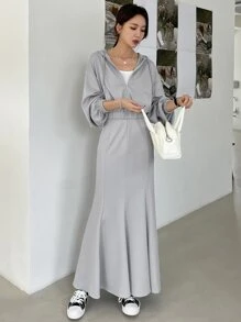 DAZY Drop Shoulder Drawstring Hoodie & Mermaid Hem Skirt,Women Two Pieces Sets,Fall Clothes - Grey - View 4