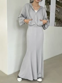 DAZY Drop Shoulder Drawstring Hoodie & Mermaid Hem Skirt,Women Two Pieces Sets,Fall Clothes - Grey - View 5