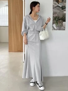 DAZY Drop Shoulder Drawstring Hoodie & Mermaid Hem Skirt,Women Two Pieces Sets,Fall Clothes - Grey - View 7