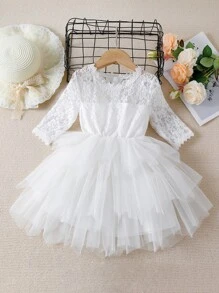 Đầm bé gái Tương phản ren Tương phản Mesh phân lớp màu trơn Buổi tiệc - trắng - Xem 1