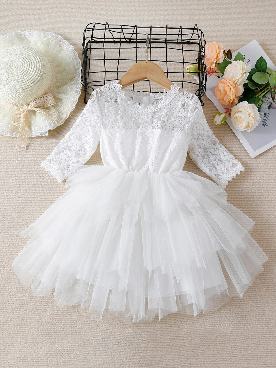 Đầm bé gái Tương phản ren Tương phản Mesh phân lớp màu trơn Buổi tiệc - trắng - Xem 1